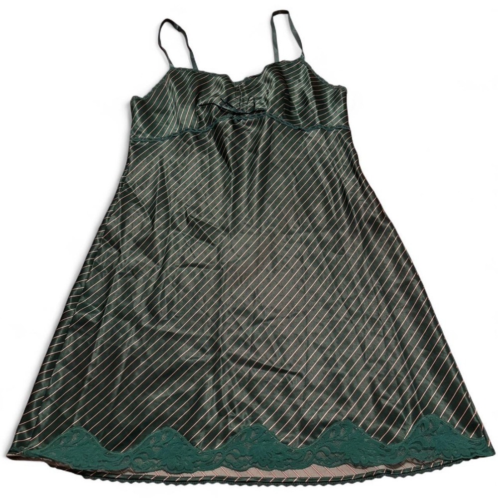 Vintage Warners Women's Green Striped Lace Trimmed Satin Slip Dress Nightgown M